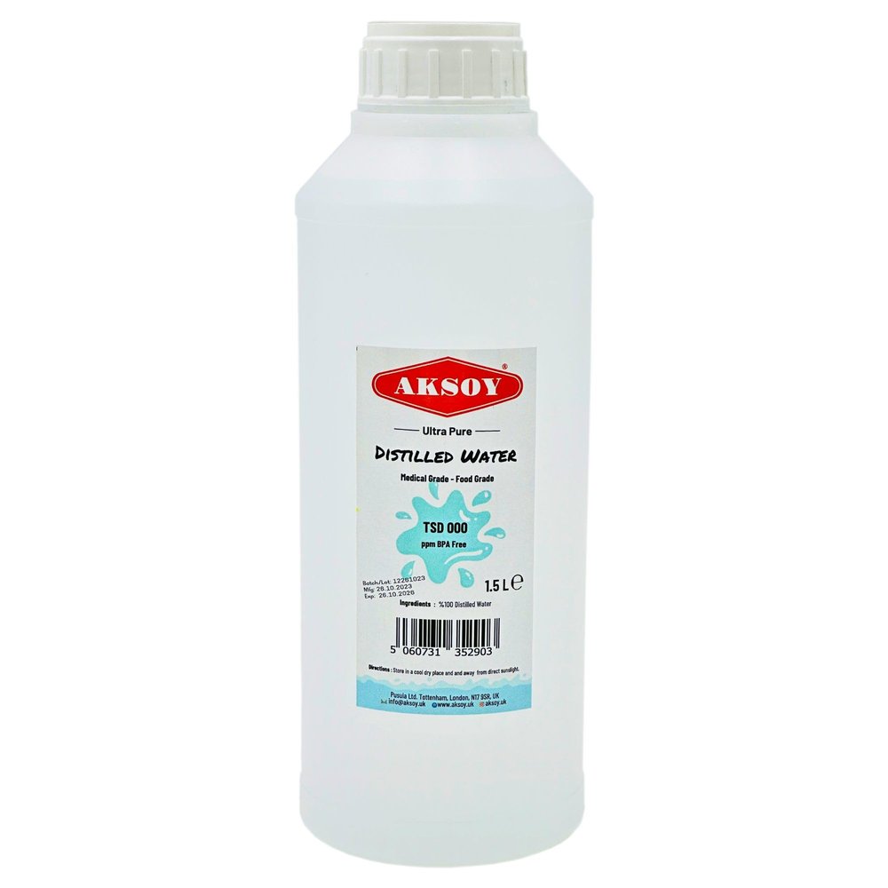 Aksoy Distilled Water - 100% Ultra Pure Water 1.5L - Deionized & Demineralized - TDS 000 ppm Guaranteed - For Batteries, Irons, Aquariums, Humidifiers & Automotive
