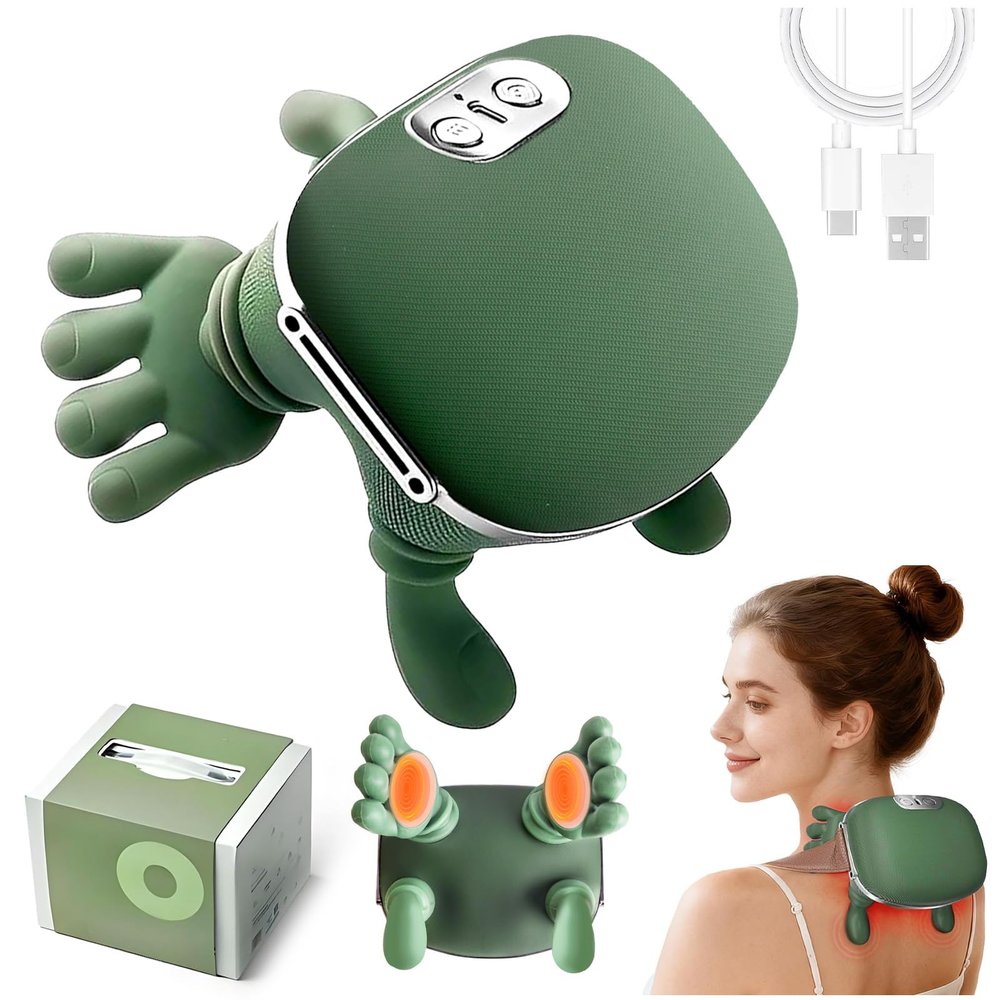 4D Neck and Shoulder Massager with Heat, Shiatsu Back Massager Hand-Shaped Kneading, 3 Modes & 2 Heat Levels, Portable Electric Massager for Neck Pain Relief, Gifts for Men Women, Green