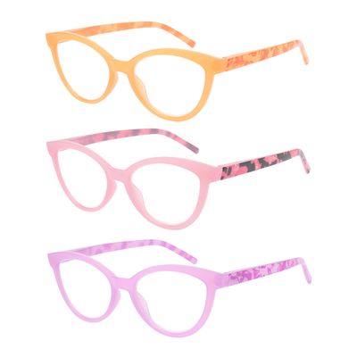Dolarosey Reading Glasses 3 Pack Cat Eye Mixed Color Womens Clear Vision Readers Orange, Purple, Pink (1.5)