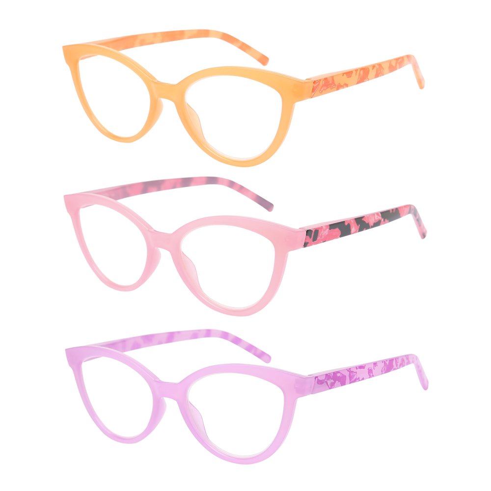 Dolarosey Reading Glasses 3 Pack Cat Eye Mixed Color Womens Clear Vision Readers Orange, Purple, Pink (1.5)