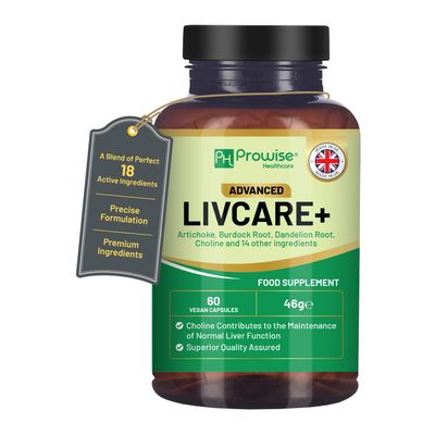 Advanced Livcare+ 60 Capsules | Added with Choline, Artichoke, Burdock Root, Dandelion Root, and 14 Other Active Ingredients | Liver Cleanse Detox and Repair for Men and Women by Prowise