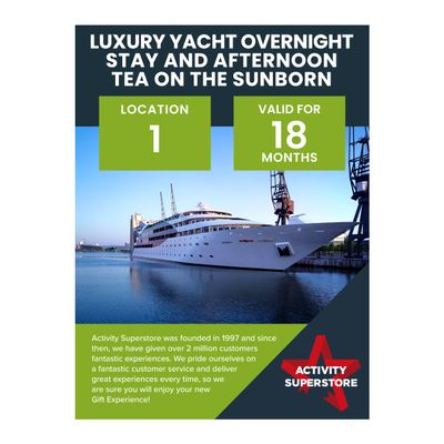 Activity Superstore Luxury Yacht Overnight Stay and Afternoon Tea on the Sunborn, 18-month Validity, Experience Days, Overnight Stay Experience, Afternoon Tea Experience, Yacht Experience