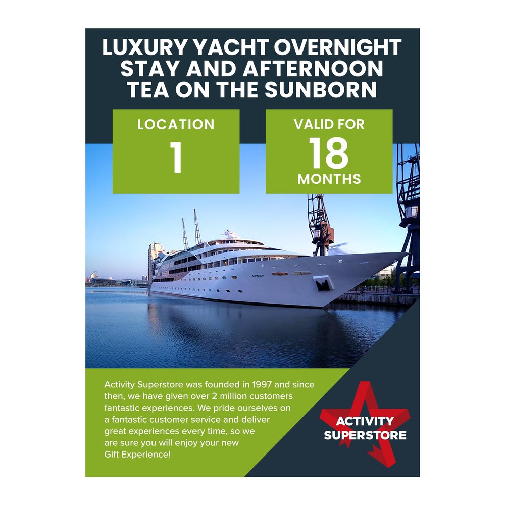 Activity Superstore Luxury Yacht Overnight Stay and Afternoon Tea on the Sunborn, 18-month Validity, Experience Days, Overnight Stay Experience, Afternoon Tea Experience, Yacht Experience