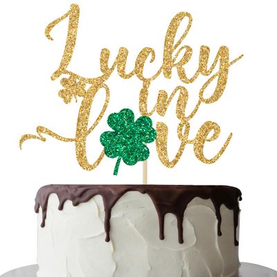 Lucky in Love Cake Topper for St Patrick's Day Party Decorations, St. Patrick's Day Baby Shower Cake Decorations, Bridal Shower, Engagement, Wedding, Anniversary Party Decorations Gold Glitter
