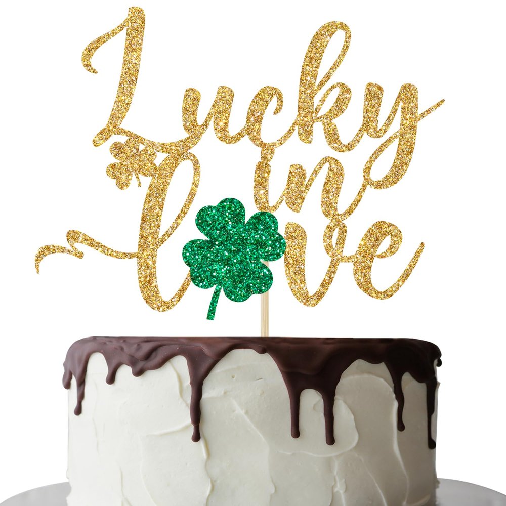 Lucky in Love Cake Topper for St Patrick's Day Party Decorations, St. Patrick's Day Baby Shower Cake Decorations, Bridal Shower, Engagement, Wedding, Anniversary Party Decorations Gold Glitter