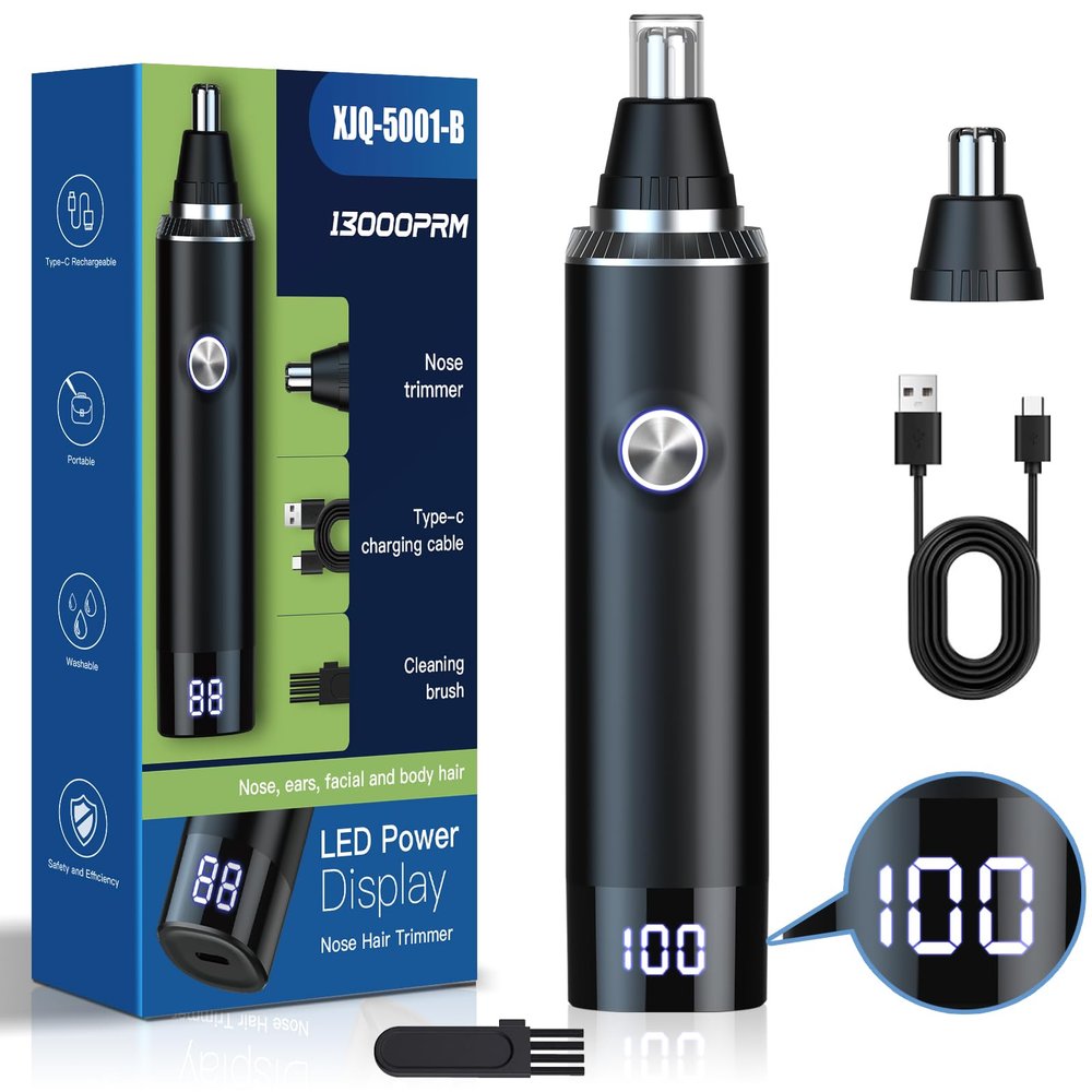 Rechargeable USB Nose & Ear Trimmer, Facial Hair Remover, Easy to Clean, Dual Edge Blades, IPX7 Waterproof