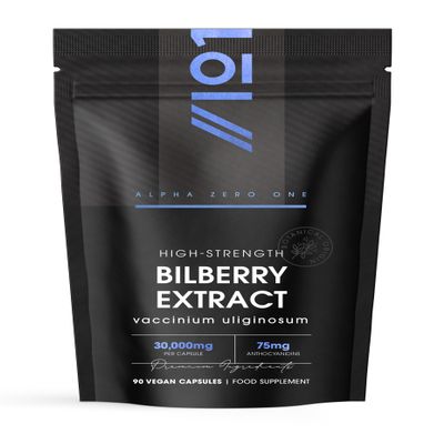 Bilberry Extract 30,000mg - Standardised 25% Anthocyanidins from 50:1 Vaccinium Uliginosum Extract - 90 Vegan Capsules (3 Months Supply)  Resealable and Recyclable Pouch by Alpha01