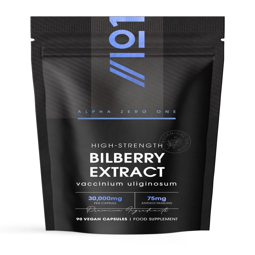 Bilberry Extract 30,000mg - Standardised 25% Anthocyanidins from 50:1 Vaccinium Uliginosum Extract - 90 Vegan Capsules (3 Months Supply)  Resealable and Recyclable Pouch by Alpha01
