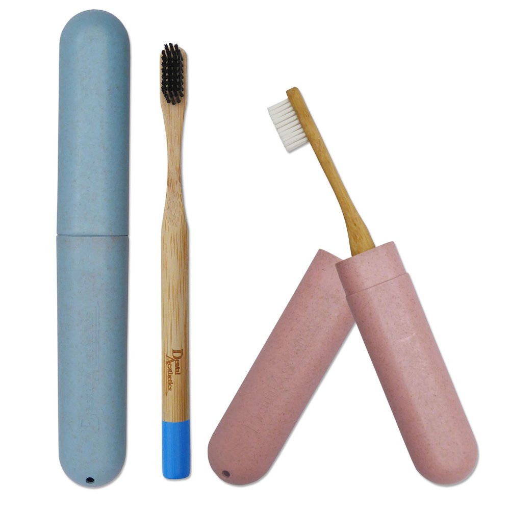 2 Wheatstraw Toothbrush Cases & 2 Bamboo Toothbrushes ~ Bulk Pack Medium Bristles (Blue & Pink)