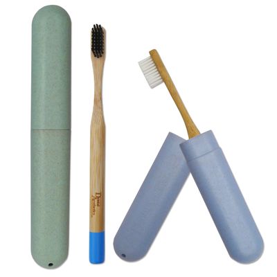 2 Wheatstraw Toothbrush Cases & 2 Bamboo Toothbrushes ~ Bulk Pack Medium Bristles (Green & Blue)