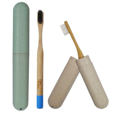 2 Wheatstraw Toothbrush Cases & 2 Bamboo Toothbrushes ~ Bulk Pack Medium Bristles (Green & White)