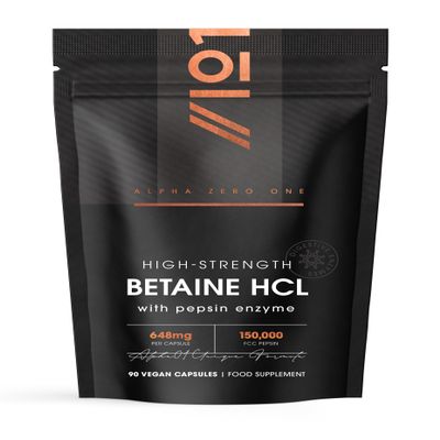 Betaine HCL 648mg & Pepsin 150,000 FCC - Potent Betaine Hydrochloride Pepsin Complex - 90 Vegan Capsules (3 Months Supply) Resealable and Recyclable Pouch by Alpha01