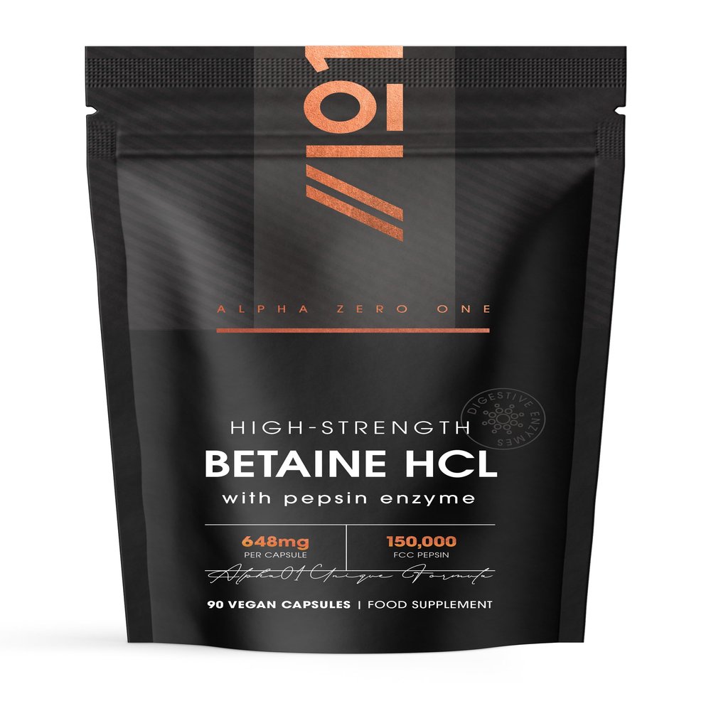 Betaine HCL 648mg & Pepsin 150,000 FCC - Potent Betaine Hydrochloride Pepsin Complex - 90 Vegan Capsules (3 Months Supply) Resealable and Recyclable Pouch by Alpha01