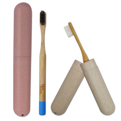 2 Wheatstraw Toothbrush Cases & 2 Bamboo Toothbrushes ~ Bulk Pack Medium Bristles (Pink & White)