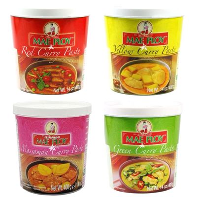 Mae Ploy Authentic Thai Assorted Curry Paste 400g - Massaman, Red, Green & Yellow Curry Sauce (Pack of 4) HALAL