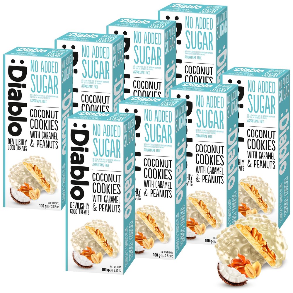 Diablo No Added Sugar Coconut Cookies with Caramel & Peanuts Delicious No Sugar Biscuits, Guilt-Free Snacks for Adults and Families, Crumbly Sweet Treats Sweetened with Maltitol, 100g (Pack of 8)