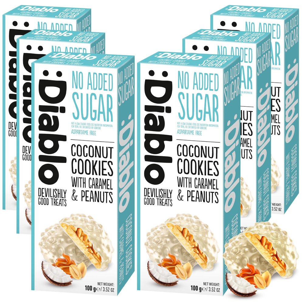 Diablo No Added Sugar Coconut Cookies with Caramel & Peanuts  Delicious No Sugar Biscuits, Guilt-Free Snacks for Adults and Families, Crumbly Sweet Treats Sweetened with Maltitol, 100g (Pack of 6)