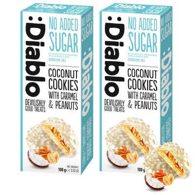 Diablo No Added Sugar Coconut Cookies with Caramel & Peanuts  Delicious No Sugar Biscuits, Guilt-Free Snacks for Adults and Families, Crumbly Sweet Treats Sweetened with Maltitol, 100g (Pack of 2)