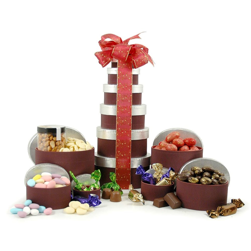 Chocolate & Nuts Hamper in 6 x Re-Usable Burgundy Gift Boxes with Silver Lids - Chocolate Gift Hamper