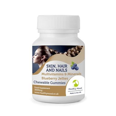 Skin Hair Nails Gummy x250 Jelly Multivitamins & Minerals Complex Fruit Blueberry Pectin Soft Chewable 3+ Soft Gummies Health Supplements GB Nutrition