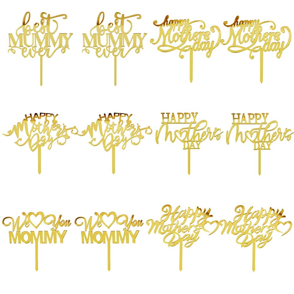 Qertesl 12PCS Mother's Day Cake Topper,Acrylic cupcake Decoration,Happy Mother's Day Cake Decoration,Best Mom Ever,Mother's Day Party Decoration supplies (Acrylic 12)