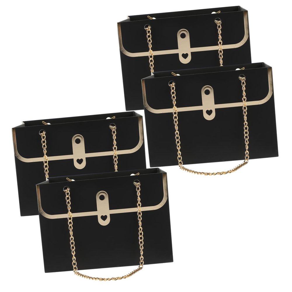 TEHAUX 4pcs Portable Handbag Rectangular Bouquet Wrapping Bag Metal Handle Multipurpose Storage Black Paper Flower Packaging Reusable Baggies for Weddings and Events