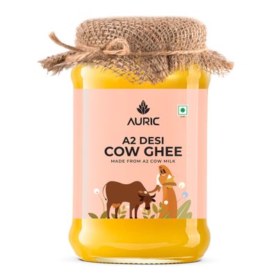 Auric A2 Bilona Desi Cow Ghee 1 liter- Vedic Bilona Method -Traditional Curd Churned -Lab Tested - Danedar Ghee -Grass Fed Cow -Glass Jar