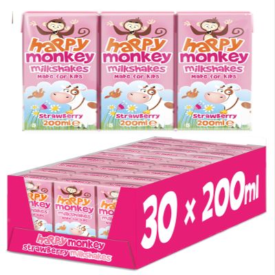 Happy Monkey Milkshakes (Strawberry 30 x 200ml), All the Goodness of Milk, No Artificial Colours or Flavours, School Approved, Naturally Rich in Calcium, Ready to Drink.