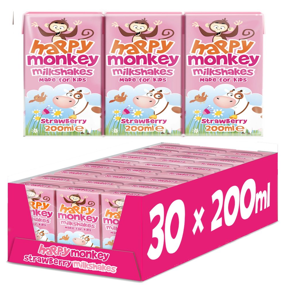 Happy Monkey Milkshakes (Strawberry 30 x 200ml), All the Goodness of Milk, No Artificial Colours or Flavours, School Approved, Naturally Rich in Calcium, Ready to Drink.