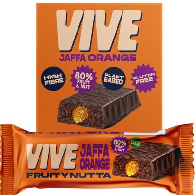 Vive Jammy Jaffa Orange Fruity Nutta Bars  Vegan Fruit & Nut Snack with Real Jam Filling  80% Fruit & Nut, Belgian Chocolate Coated, High Fibre, Gluten-Free  Pack of 20 Healthy Snack Bars