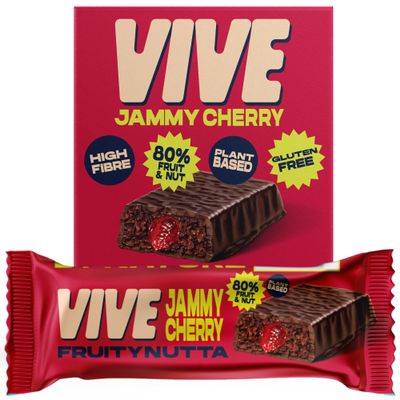 Vive Jammy Cherry Fruity Nutta Bars  Vegan Fruit & Nut Snack with Real Jam Filling  80% Fruit & Nut, Belgian Chocolate Coated, Gluten-Free, Natural Ingredients  Pack of 20 Healthy Snack Bars