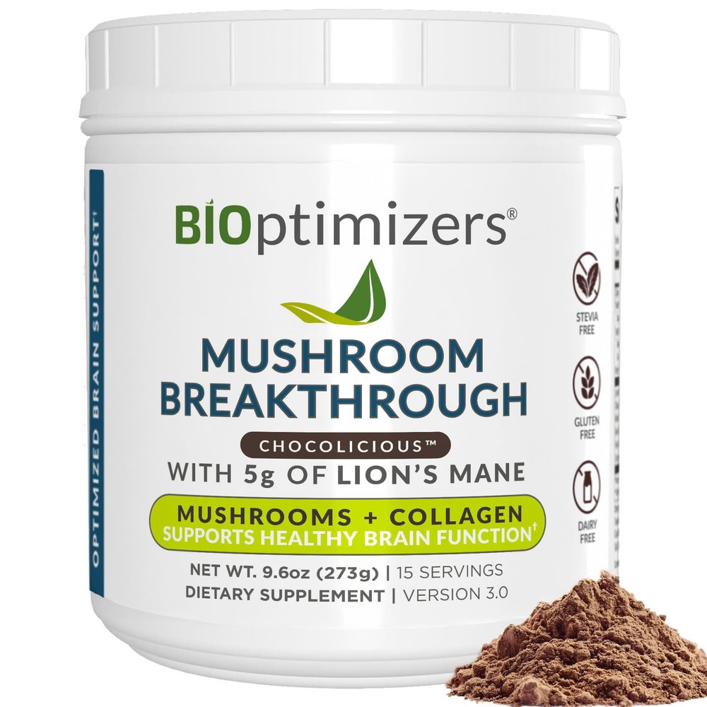 BiOptimizers Chocolicious Mushroom Breakthrough | Nootropic Supplement Blended Powder of Mushroom, Collagen & Superfoods: Lions Mane, Chaga, Reishi | 30 Servings