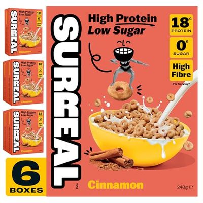 Surreal Cinnamon - High Protein Keto Cereal 6 Pack - Zero Sugar- Healthy Plant Based Cereal - High in Fibre - Low Carb - Gluten Free - Vegan - 17g of Protein, 0g of Sugar - 240g per Box