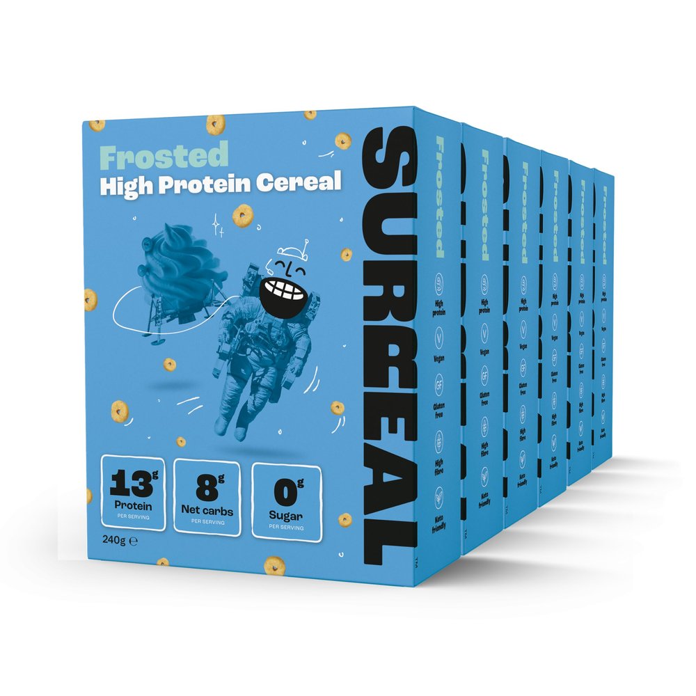 Surreal Frosted - High Protein Cereal 6 Pack - Zero Sugar- Healthy Plant Based Cereal - High in Fibre - Low Carb - Gluten Free - Vegan - 17g of Protein, 0g of Sugar - 240g per Box