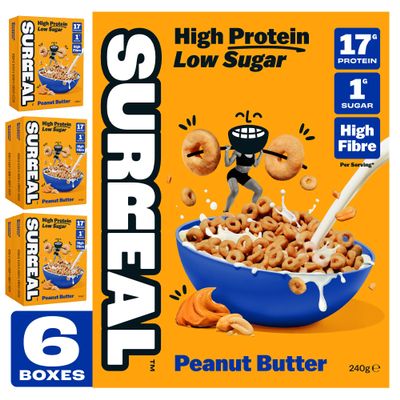 Surreal Peanut Butter - High Protein Cereal Gluten Free - Zero Sugar- Healthy Plant Based Cereal - High in Fibre - Low Carb - Vegan - 17g of Protein, 0g of Sugar - 240g per Box - 6 Pack (6 x Peanut)