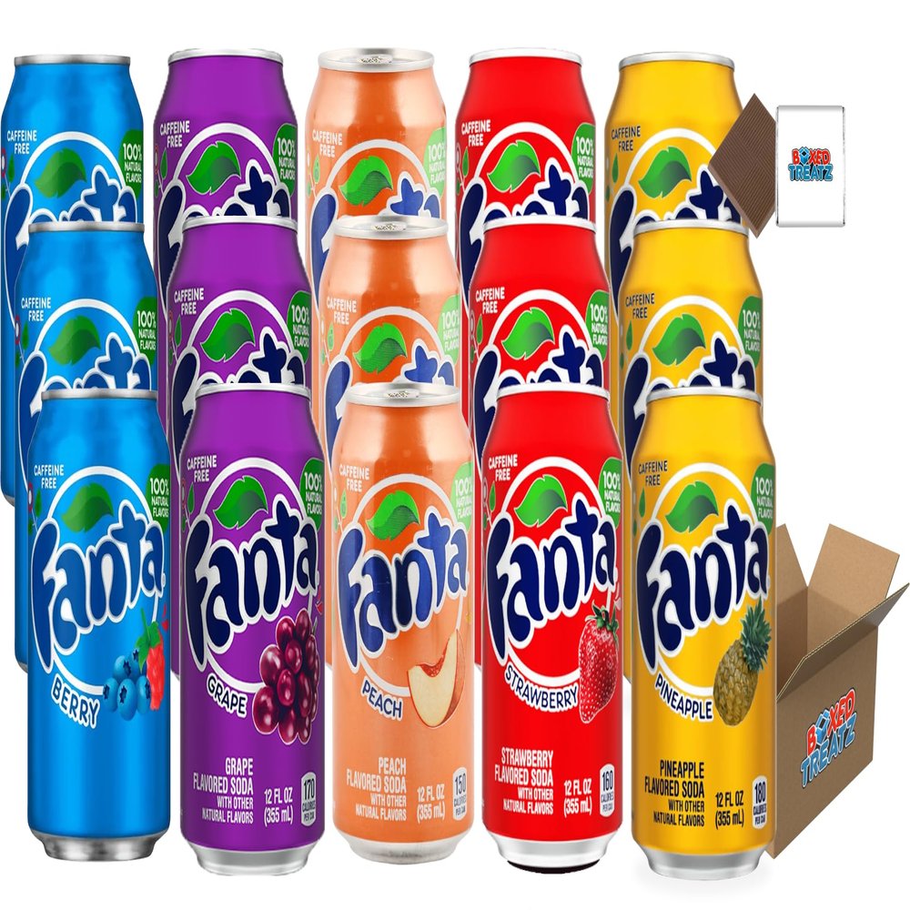 Fanta USA Variety Party Pack 12-24 Cans / 4 Flavours Randomly Sent: Grape, Peach, Strawberry, Pineapple, Berry - Boxed Treatz (355ml, 3 Flavours (4 Pcs Each))