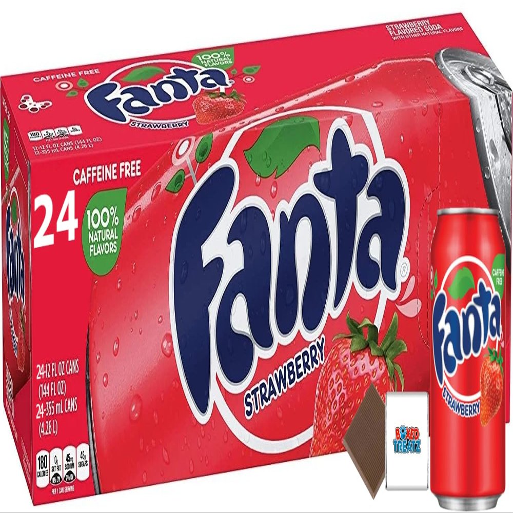 Fanta USA Variety Party Pack 12-24 Cans / 4 Flavours Randomly Sent: Grape, Peach, Strawberry, Pineapple, Berry - Boxed Treatz (355ml, Pack of 24 Cans Strawberry)