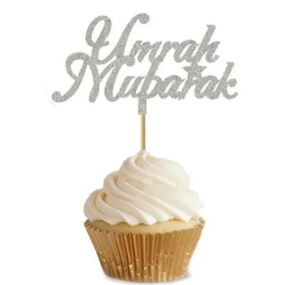 12 Umrah Mubarak Cupcake Toppers, Gold Silver Cake Toppers, Sparkling Glitter, Decorations. (Silver)