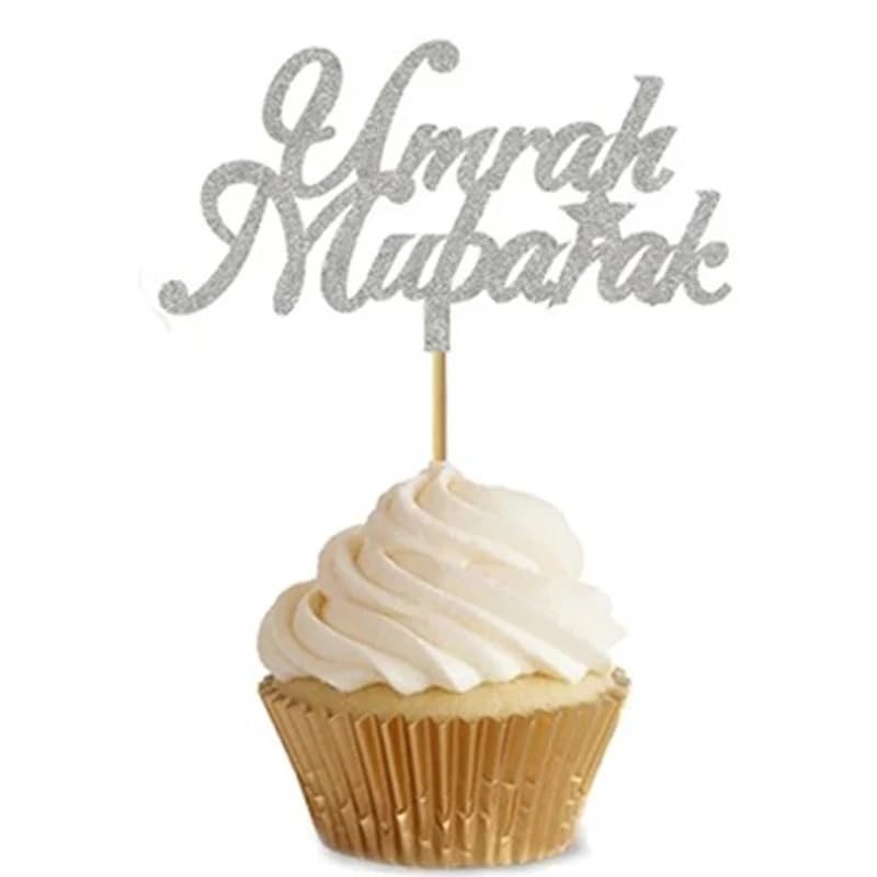12 Umrah Mubarak Cupcake Toppers, Gold Silver Cake Toppers, Sparkling Glitter, Decorations. (Silver)