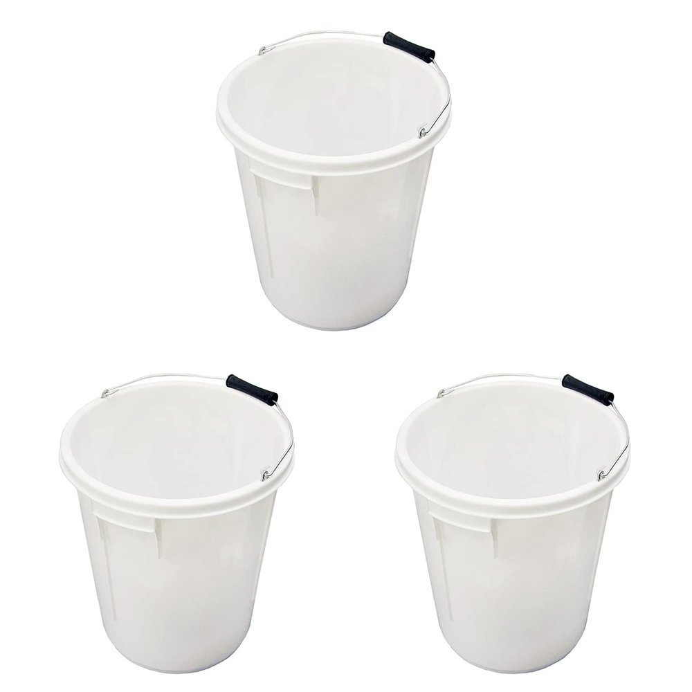 25L White Strong Round Plastic Bucket With Depth Gauge & Metal Handle - Large Plasterers Bucket for Home Garden