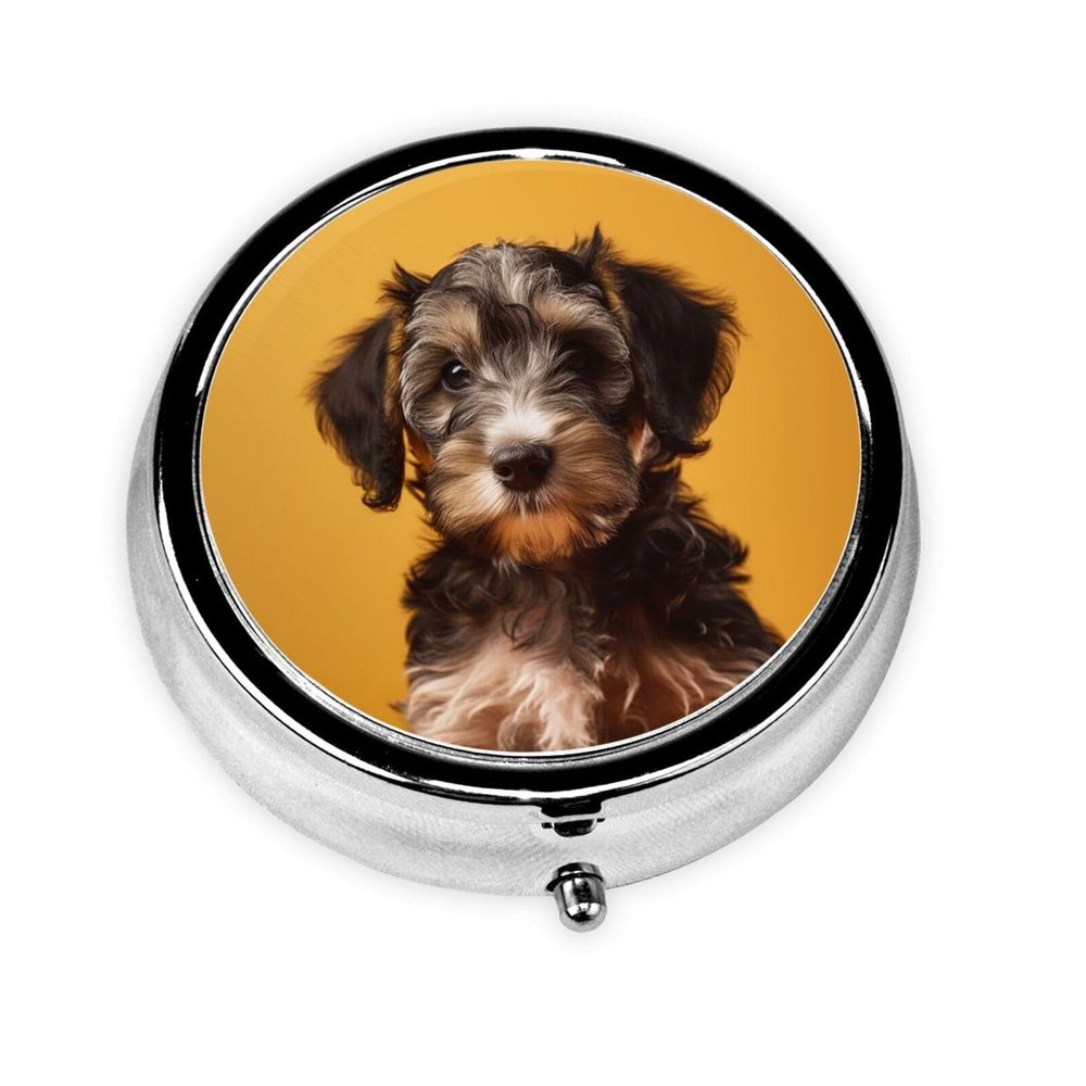 Round Pill Box 3 Compartment Pill Case for Purse & Pocket Small Pill Organizer Black Puppy Travel Pillbox Portable Oil Storage Box Metal Medicine Vitamin Organizer Unique Gift