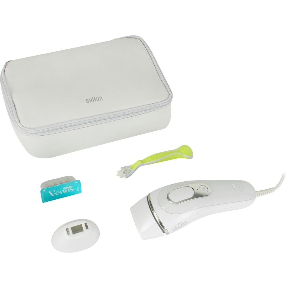 Braun SilkExpert Pro 3 Epilator with Light Pulses, Semi Definitive Hair Removal Alternative to Laser, Bag, Venus Razor, 2 Heads, White/Silver, PL3122