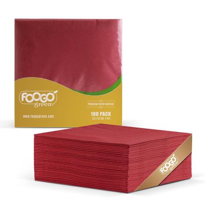 FOOGO Green 100pcs Elegant Red Paper Napkins, FSC Certified, 33 x 33 cm, 2 Ply Strong Serviettes, Fully Home Compostable, Super Soft Paper Tissues, Cocktail Disposable Napkins