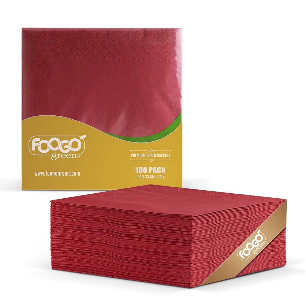 FOOGO Green 100pcs Elegant Red Paper Napkins, FSC Certified, 33 x 33 cm, 2 Ply Strong Serviettes, Fully Home Compostable, Super Soft Paper Tissues, Cocktail Disposable Napkins