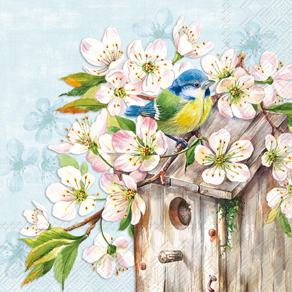 20 Napkins Animal Motifs Cherry Blossoms on Birdhouse Table Decoration Paper Napkins with Motif Also for Decoupage and Decoupage 33 x 33 cm