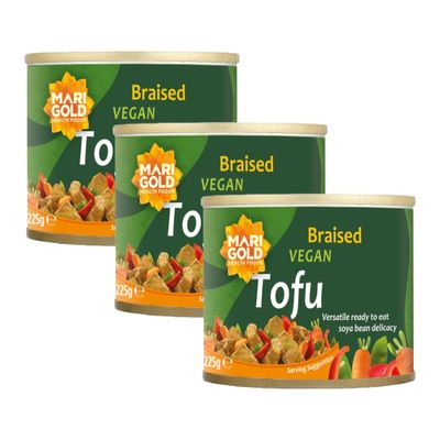 Marigold Braised Vegan Tofu, 225g (Pack of 3)  High Protein, Gluten-Free, Ready-to-Eat, Versatile Plant-Based Soya