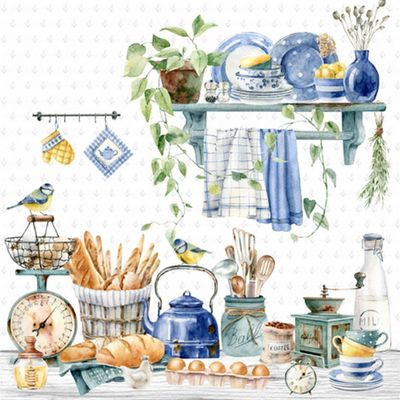 20 Napkins Food & Drink Blue Tits in Kitchen Table Decoration Paper Napkins with Motif Also for Decoupage and Decoupage 33 x 33 cm