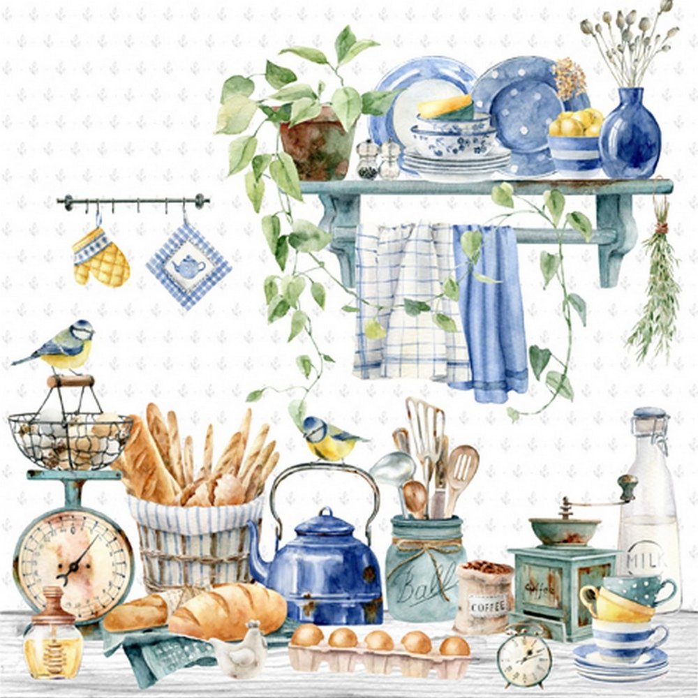 20 Napkins Food & Drink Blue Tits in Kitchen Table Decoration Paper Napkins with Motif Also for Decoupage and Decoupage 33 x 33 cm