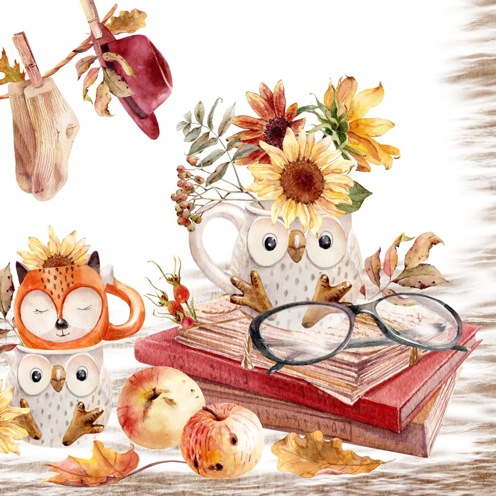 20 Napkins Autumn Cups with Animal Motif Table Decoration Paper Napkins with Motif Also for Decoupage and Decoupage 33 x 33 cm