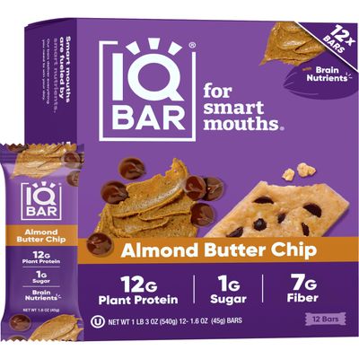 IQBAR Brain and Body Clean Plant Protein Bars - Almond Butter Chip - 12 Bars - Keto, Vegan, High Fiber, Gluten and Dairy Free, Low Sugar Snack with Nutrients for Focus, Energy, Meal Replacement